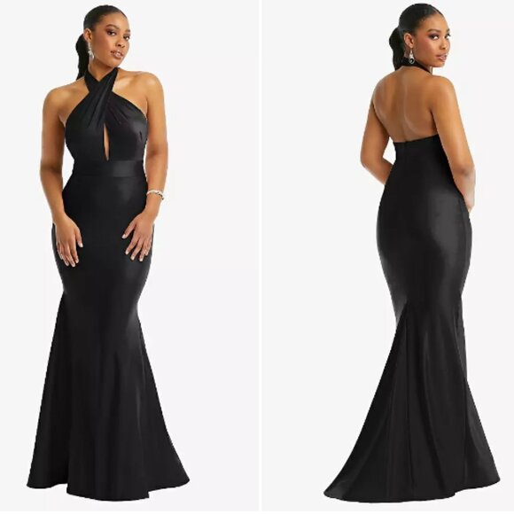 Cynthia & Sahar Stretch Satin Criss Cross Halter Open-Back Mermaid Dress Black M - Picture 1 of 14